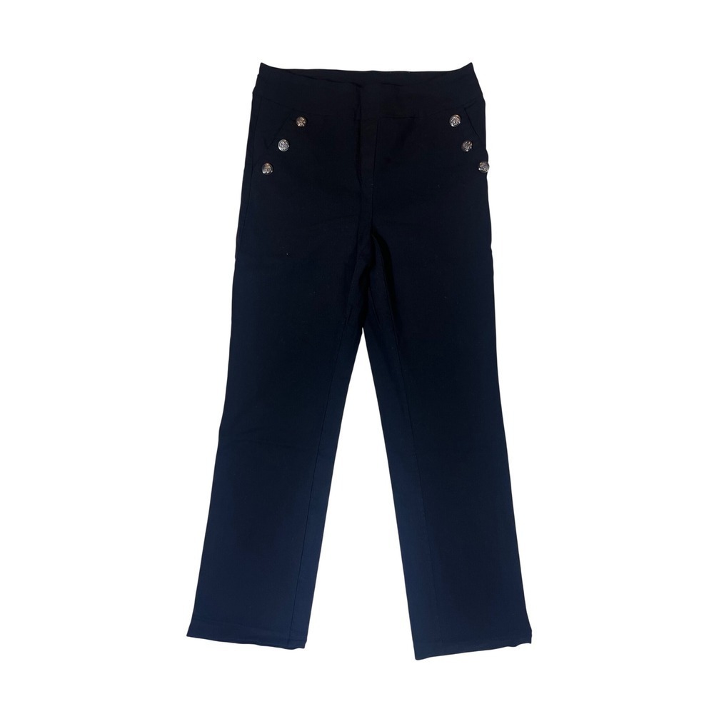 Fit Sicht Black Trousers Silver Crest Button Straight Leg Pants 10